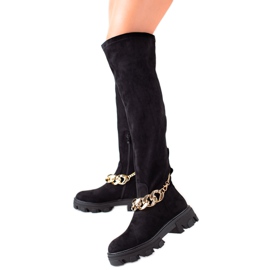 Diamantique Bottines en daim avec une chaîne dorée le noir