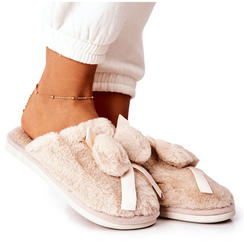 Chaussons Fourrure Pompons Beige Pamppies