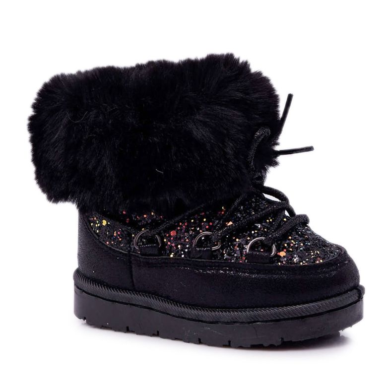 FRROCK Bottes de neige chaudes pour enfants avec fourrure de renard en cristal noir le noir