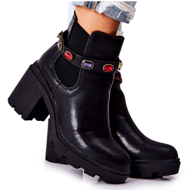 PS1 Bottes Pour Femmes En Cuir Sur Un Talon Avec Des Cristaux Noir Macbeth le noir