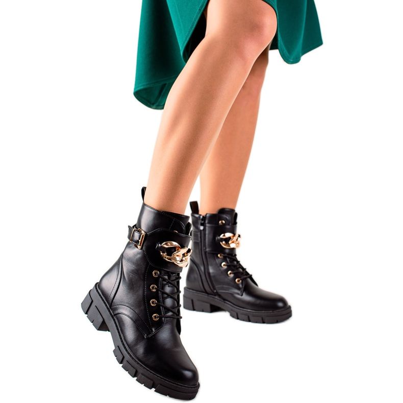 TRENDI Bottes élégantes trappeurs en cuir écologique le noir TRENDI Bottes élégantes trappeurs en cuir écologique le noir