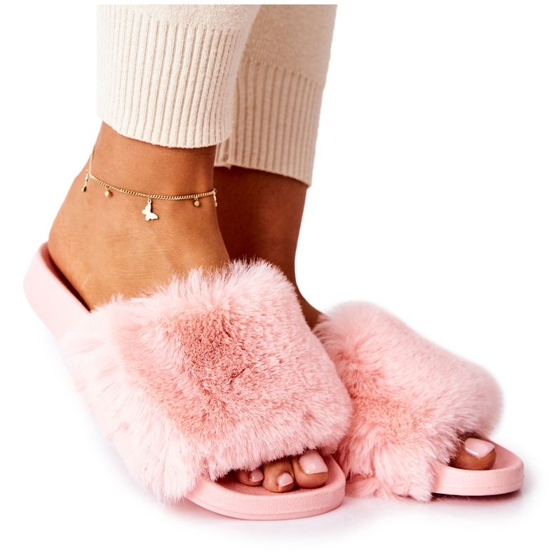 PB2 Pantoufles Sensitive Rose Clair En Caoutchouc Avec Fourrure