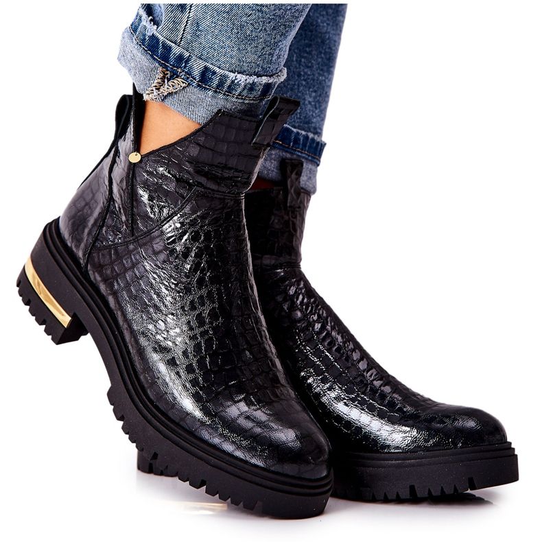 PA2 Bottines Cuir Chaud Crocodile Noir Tanya
