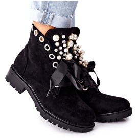 FI1 Bottines En Daim Avec Perles Et Ruban Perla Noir le noir