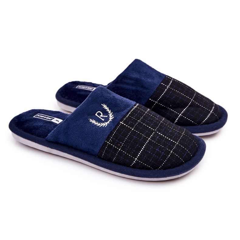 WJ1 Chaussons Chauds Carreaux Bleu Marine Blase