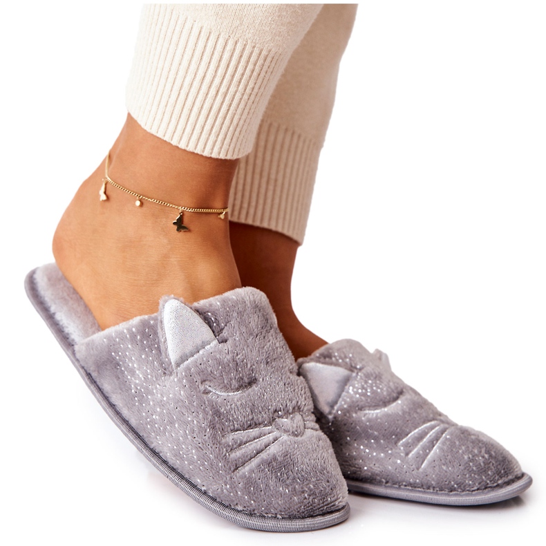 PE1 Chaussons chaton brillant avec oreilles Kaisy grises