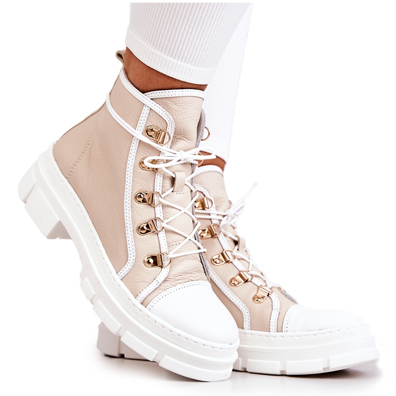 PK1 Bottines en Cuir Beige et Blanc Letty blanche