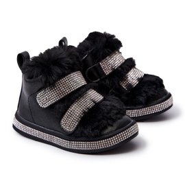 FR1 Bottes de neige en cuir chaudes noires pour enfants Leela noires