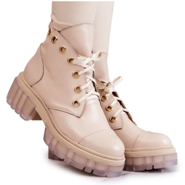 Boots En Cuir A Semelle Massive Beige Horizon