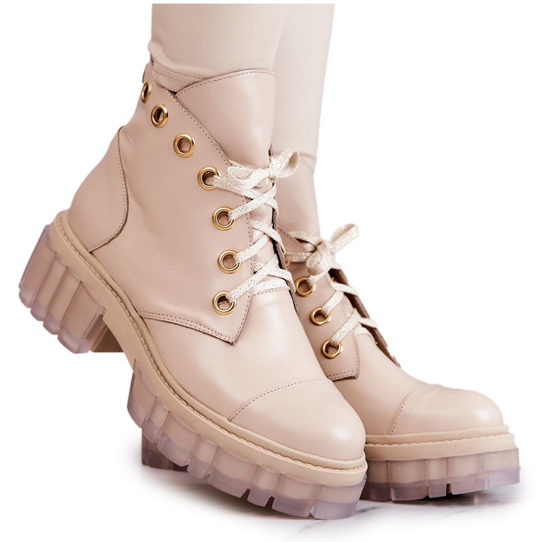 Boots En Cuir A Semelle Massive Beige Horizon