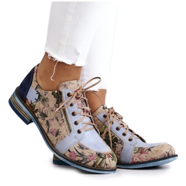 Chaussures en cuir pour femmes avec fleurs Maciejka 5096A-34 Bleu multicolore