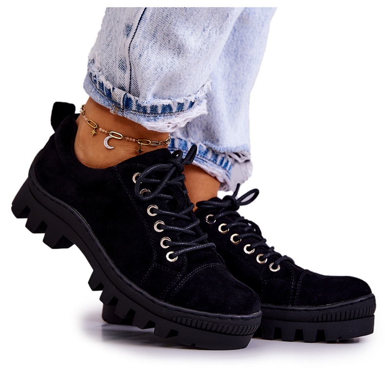 S.Barski Chaussures en daim pour femmes Tied Black Mayson le noir