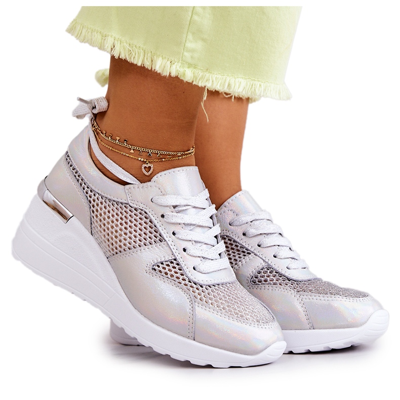 S.Barski Baskets Compensées En Cuir Avec Filet Argenté