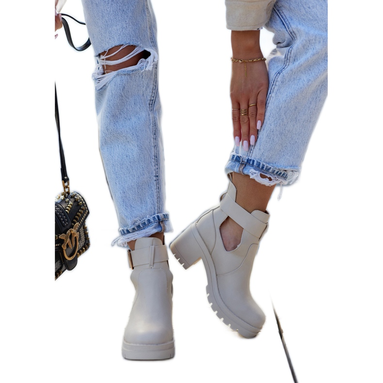 FE1 Bottines Cuir Ceinture Découpe Beige Rosanne