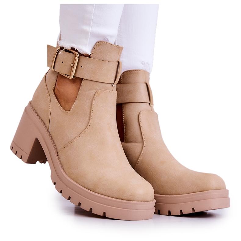 FE1 Bottines Cuir Ceinture Découpe Beige Foncé Rosanne FE1 Bottines Cuir Ceinture Découpe Beige Foncé Rosanne