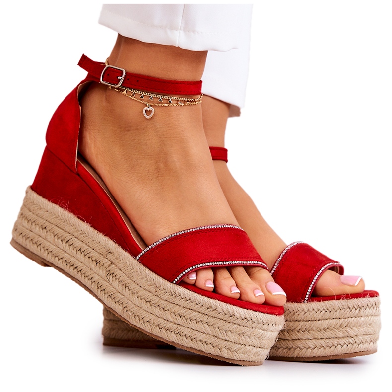 FW1 Sandales compensées pour femmes avec oxyde de zirconium rouge Linette