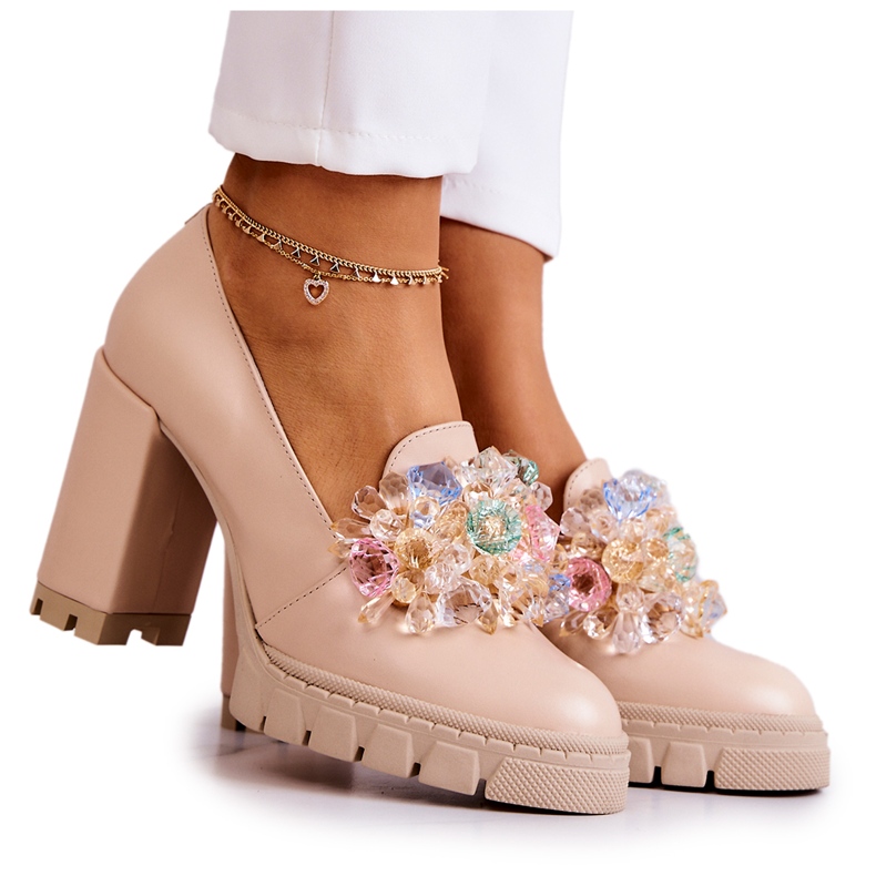 PA2 Escarpins Élégants Avec Décoration Uni Beige Caterine