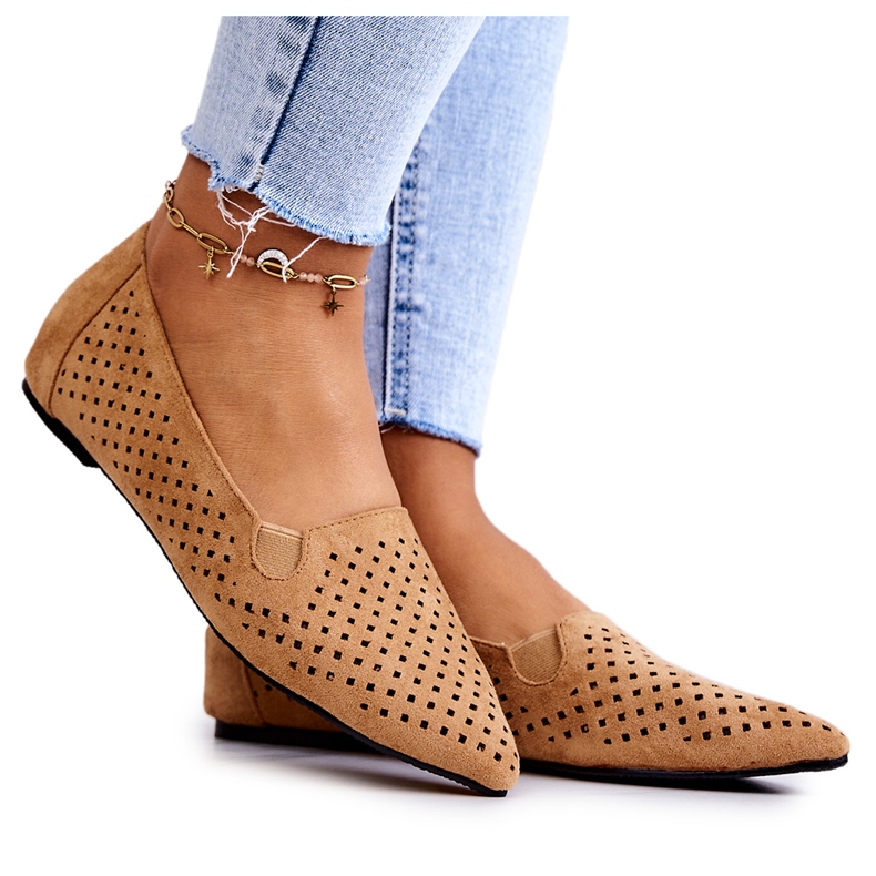 LU BOO Ballerines femme ajourées Slip-on Camel Rosario brun