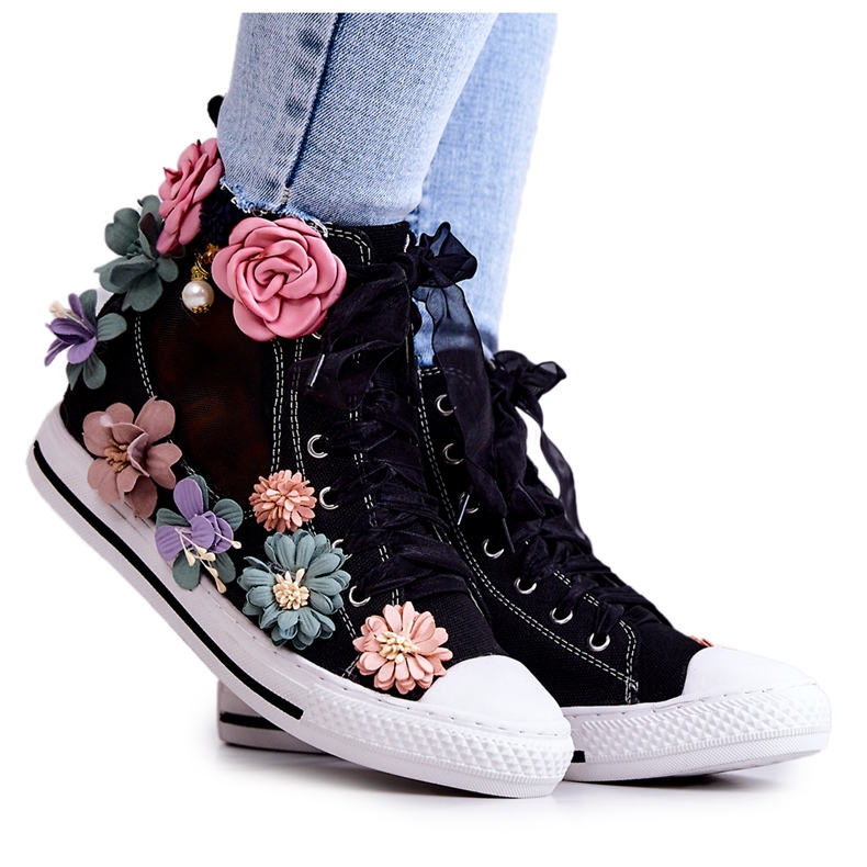 LU BOO Baskets Montantes à Fleurs Noir Sellin le noir