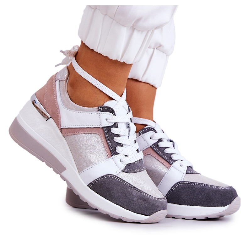 S.Barski Chaussures de sport en cuir Baskets compensées Argent-Gris Elissa rose