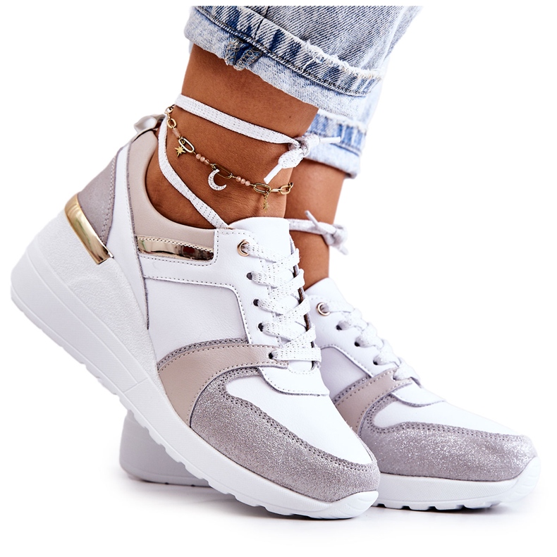 S.Barski Chaussures de sport en cuir sur un coin blanc et gris Rayana blanche