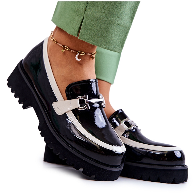S.Barski Mocassins Laqués Femme Noir et Blanc Cassida blanche le noir