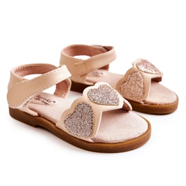 S.Barski Sandales Cuir Enfant Coeurs Brocart Beige Luisa d'or