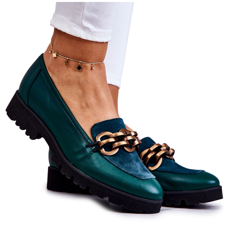 PA2 Elégants Mocassins En Cuir Avec Chaîne Genève Verte