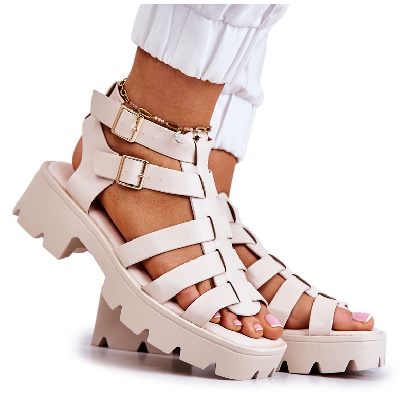 PS1 Sandales Cuir Avec Lanières Beige Minorite