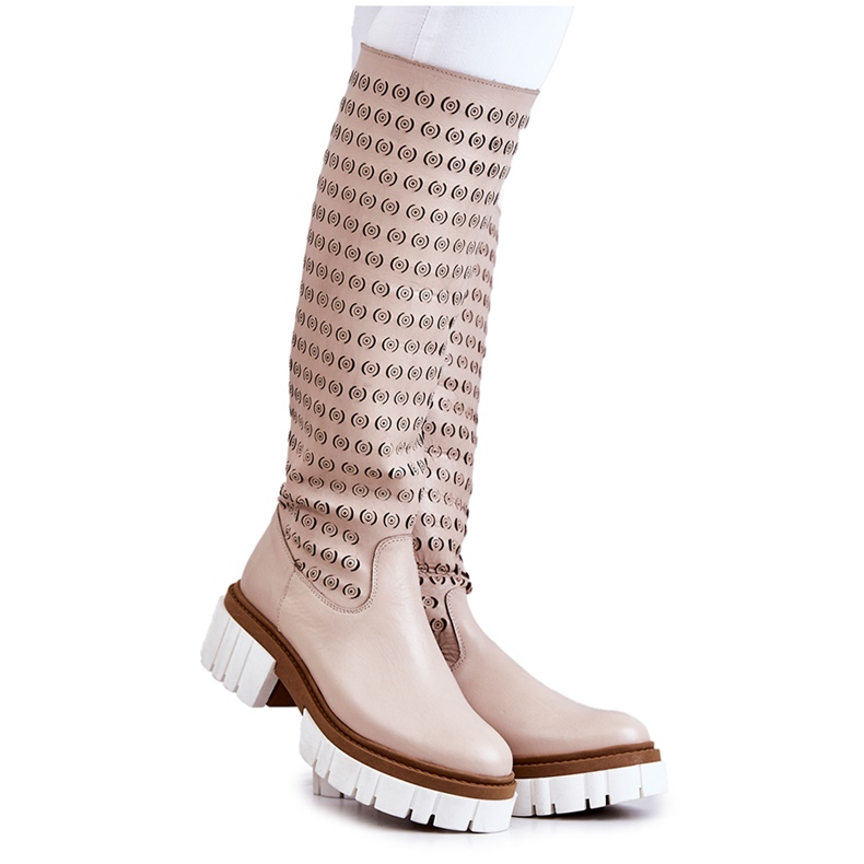 Bottes En Cuir Ajouré Avec Fermeture À Glissière Lativia Beige