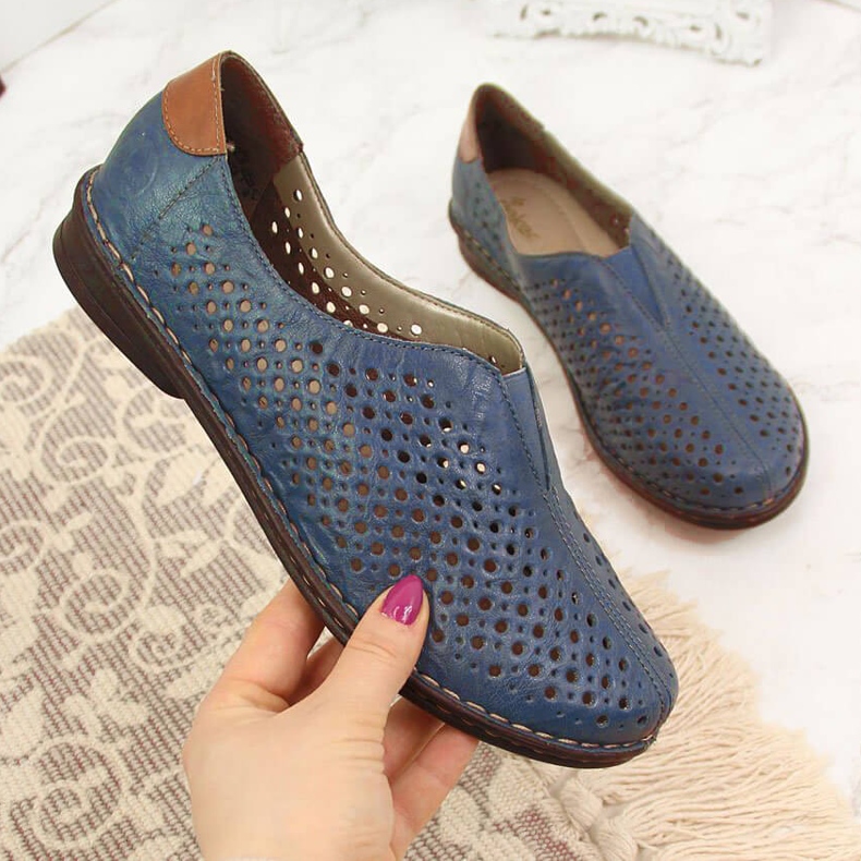 Chaussures pour femmes en cuir ajouré bleu Rieker 48457 Chaussures pour femmes en cuir ajouré bleu Rieker 48457