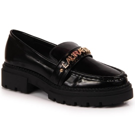 Chaussures femme laquées noires avec l'inscription Laura La.Fi
