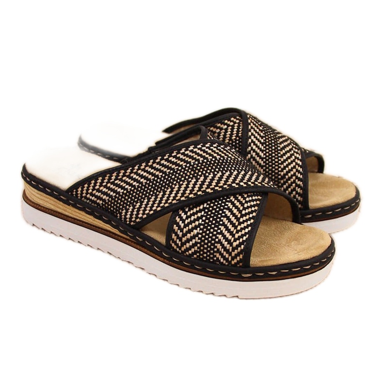 Pantoufles pour femmes noires sur un talon compensé Rieker 679A5 beige brun