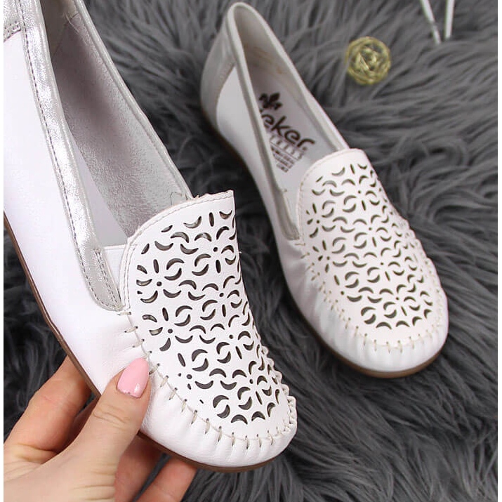 Mocassins femme cuir ajouré blanc Rieker L6350-80