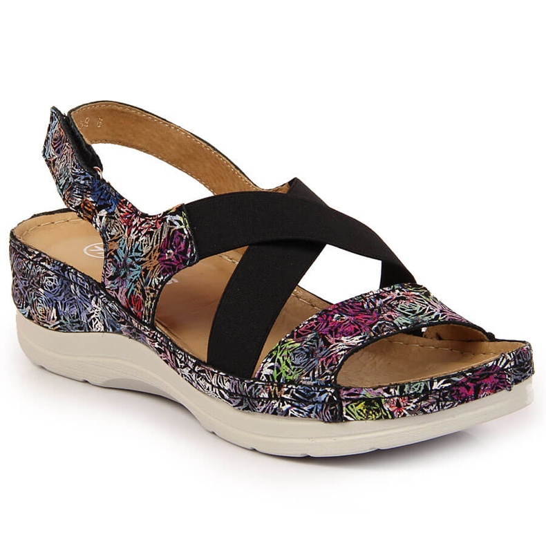 Sandales en cuir pour femmes sur caoutchouc confortable Helios 100 noir multicolore