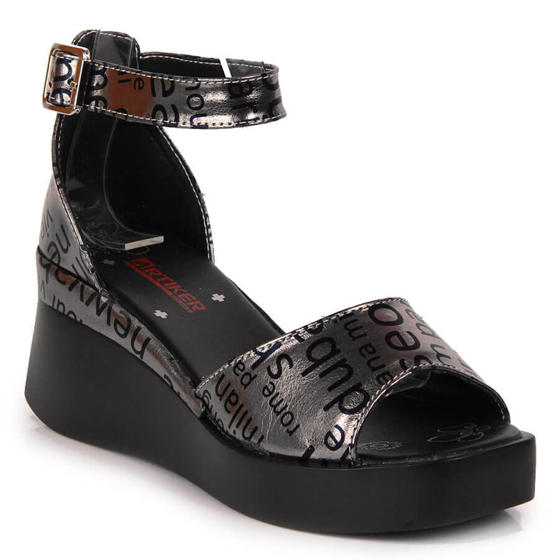 Sandales en cuir pour femme avec talon compensé Artiker métallisé argent gris Sandales en cuir pour femme avec talon compensé Artiker métallisé argent gris