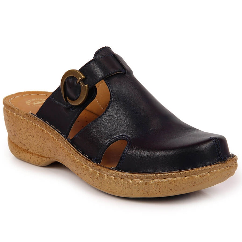 Chaussons en cuir sur un coin bleu Łukbut 666 bleu marin