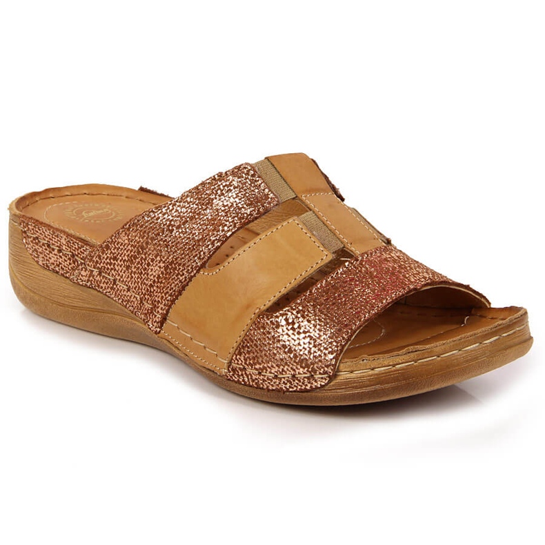 Chaussons en cuir beige et élastique doré Łukbut 1103 d'or