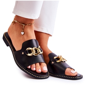 S.Barski Chaussons noirs à la mode avec une chaîne sur un talon plat le noir