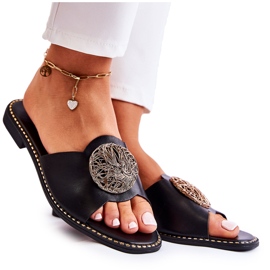 S.Barski Chaussons Femme En Cuir Avec Ornement Colene Noir