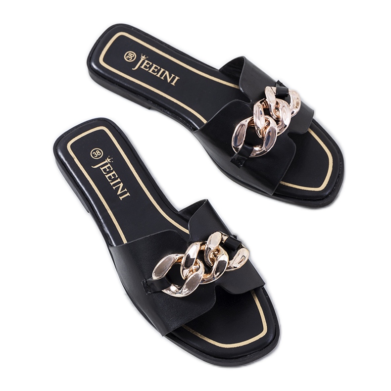 Babouches élégantes noires avec une chaîne Mary le noir Babouches élégantes noires avec une chaîne Mary le noir