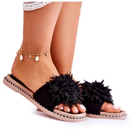 FJ1 Chaussons Femme En Daim Avec Décoration Giorgia Noire