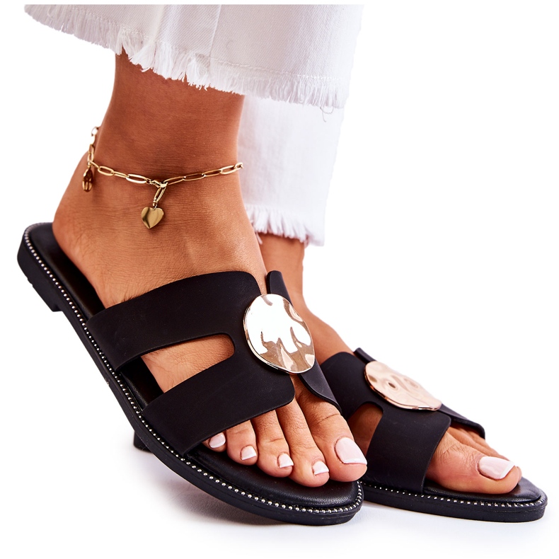 FJ1 Pantoufles confortables pour femmes avec ornement Leila noir le noir