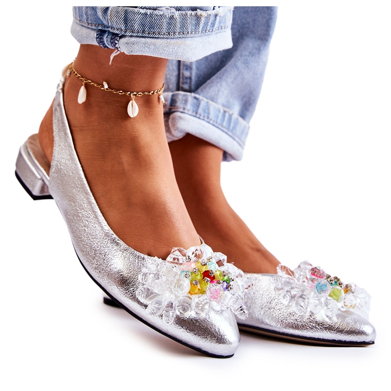 PA2 Ballerines En Cuir Sur Talons Hauts Avec Décoration Elena Argentée