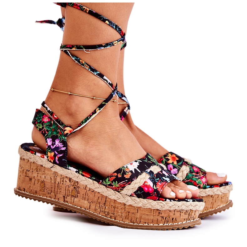FS3 Sandales nouées pour femme Espadrilles à fleurs noires Lamour le noir multicolore