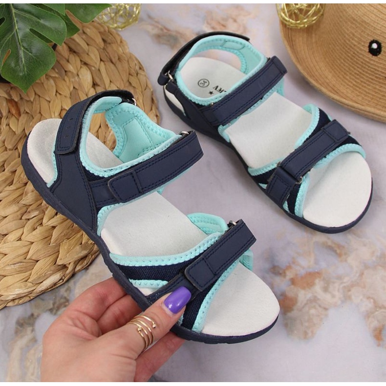 Sandales velcro American Club Jr AM898B bleu marine-menthe