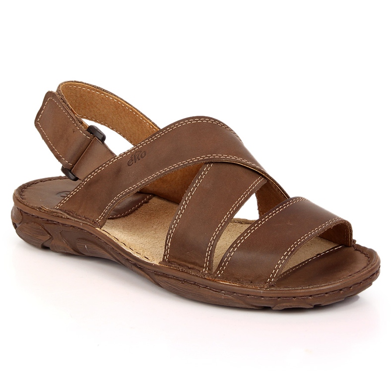 EKO Sandales pour hommes en cuir marron avec velcro ECO brun