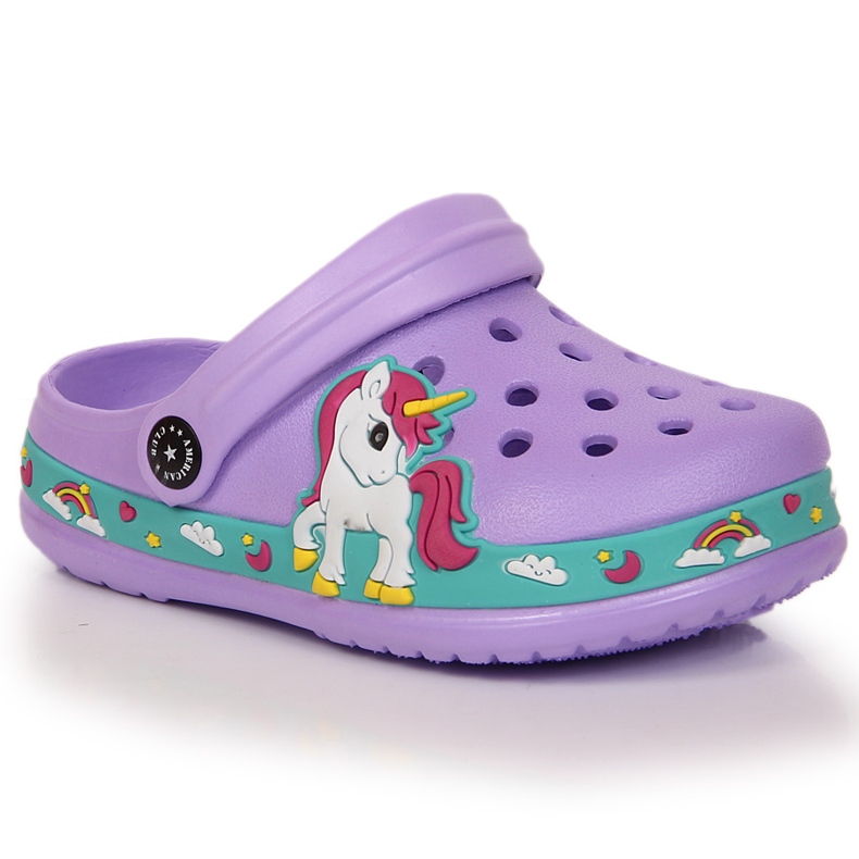Chaussons American Club violets avec une licorne