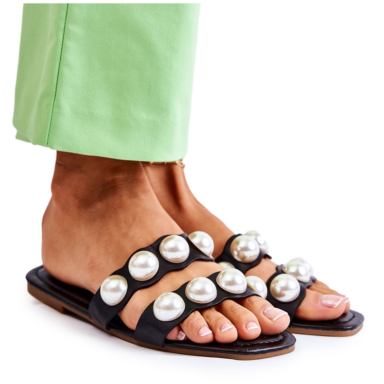 PG1 Chaussons Femme En Cuir Avec Perles Décoratives Noir Lasello le noir
