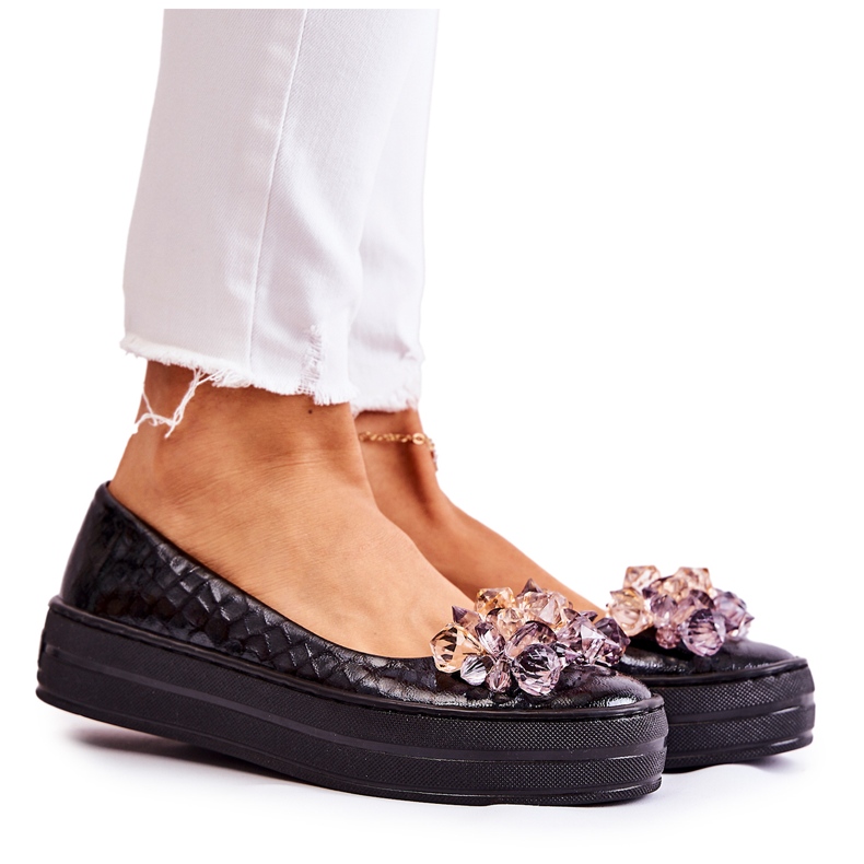 PA2 Ballerines en cuir sur la plate-forme avec ornement de bériette noire le noir